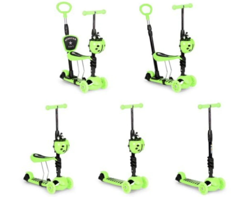 Triratis balansinis paspirtukas boružėlė su stūmimo rankena Scooter 5in1, žalias