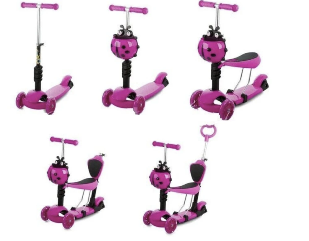Triratis balansinis paspirtukas boružėlė su stūmimo rankena Scooter 5in1, rožinis