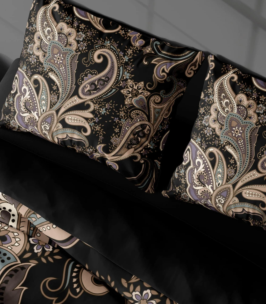 Riposo Premium Digital satino medvilnės patalynės komplektas PAISLEY Juodas 200x200 cm