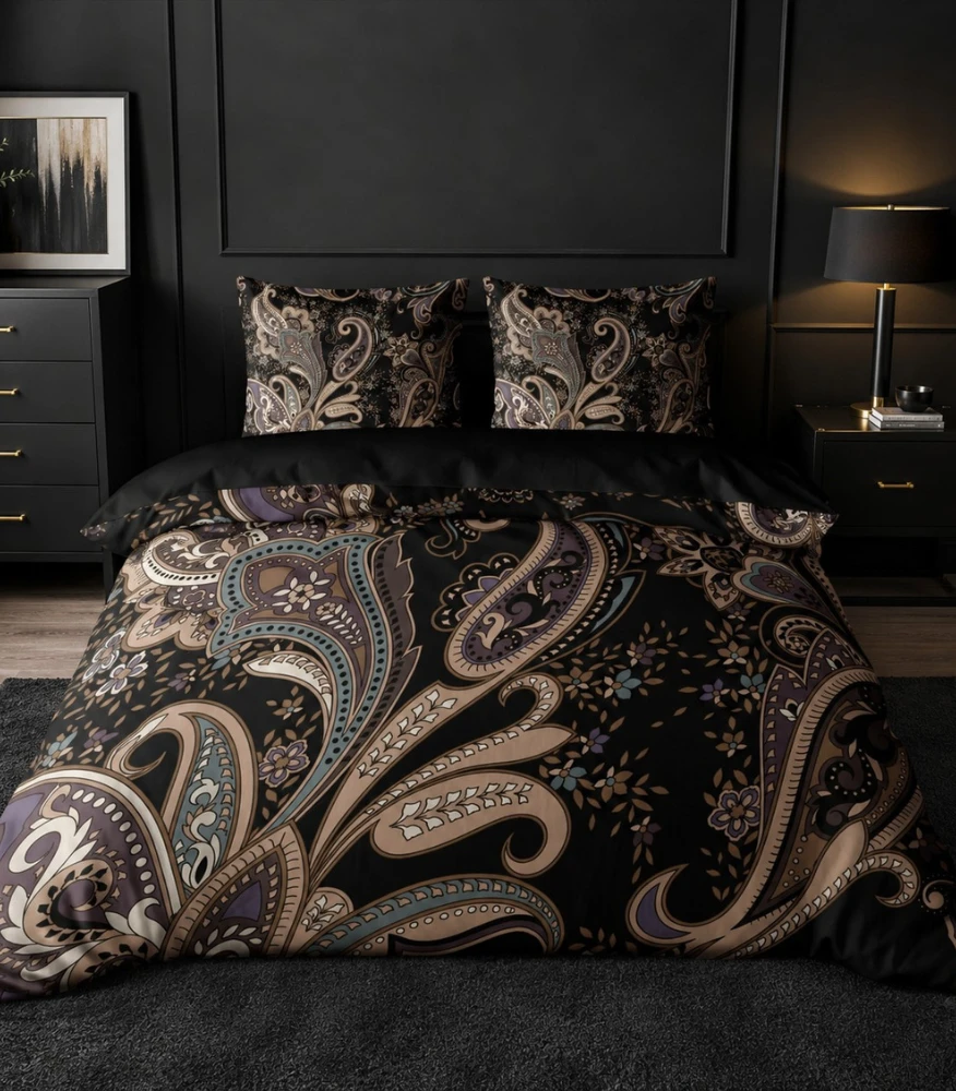 Riposo Premium Digital satino medvilnės patalynės komplektas PAISLEY Juodas 200x200 cm