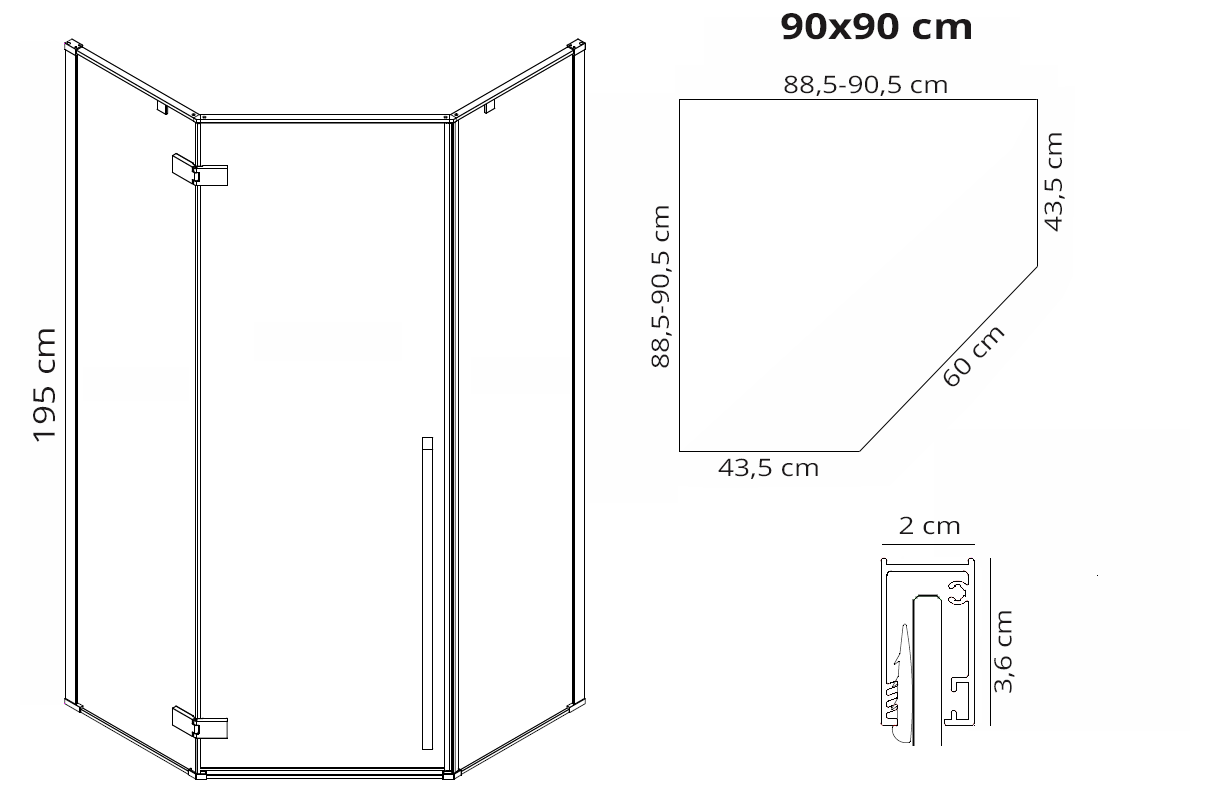 rea Dušo Kabina Diamond 90x90 Copper Be dušo padėklo aprašymas - Prekės nuotrauka