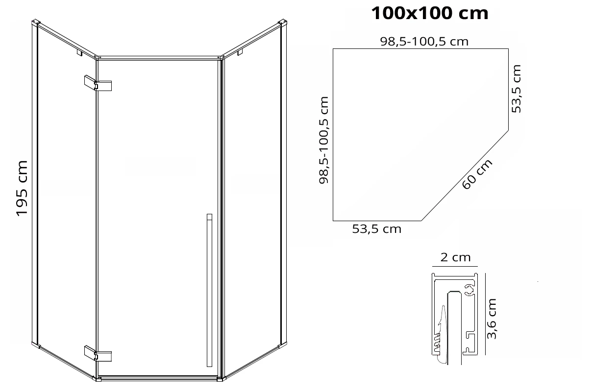 rea Dušo kabina DIAMOND Juodas MAT 100x100 aprašymas - Prekės nuotrauka