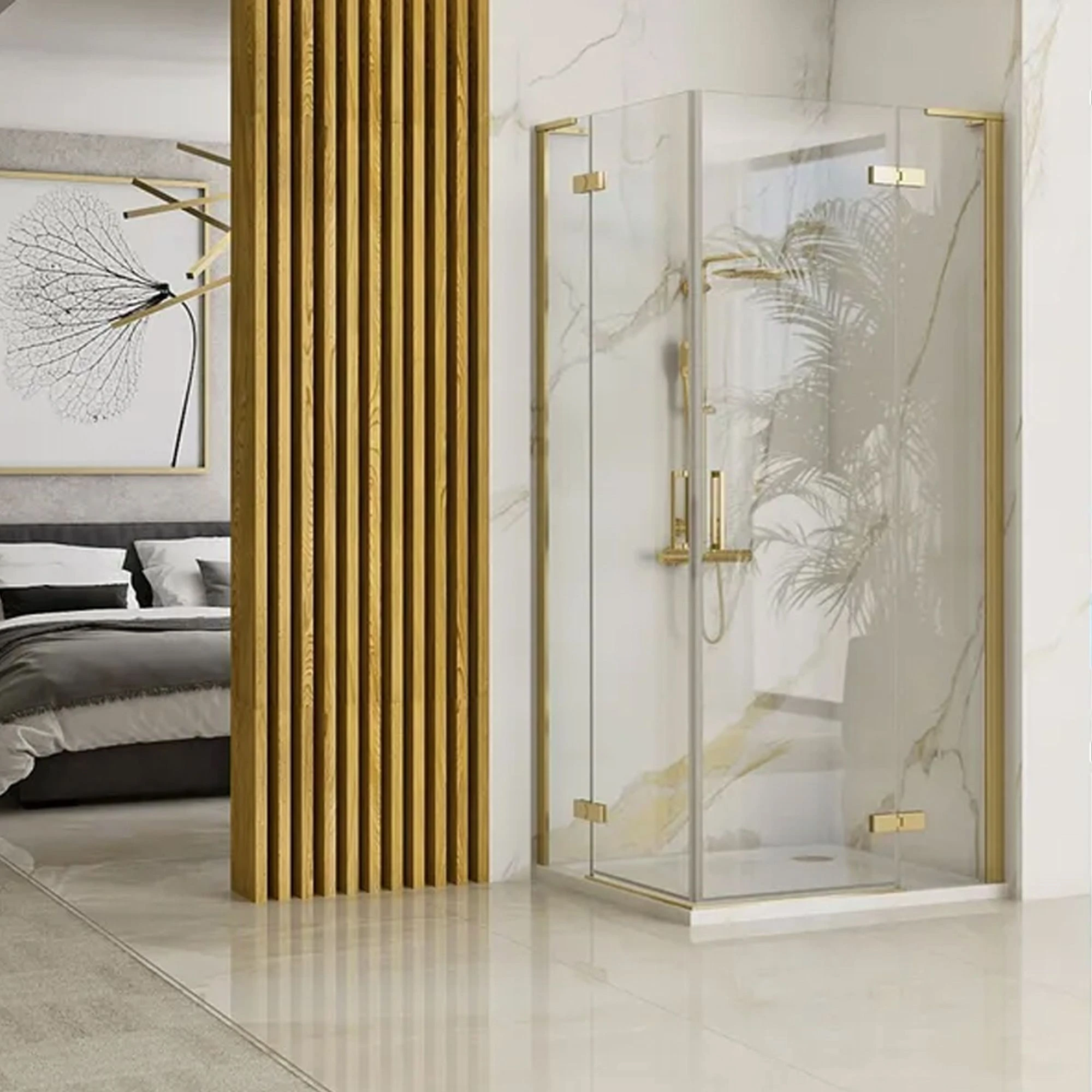 Dviguba dušo kabina REA Hugo 100x100 Brushed Gold aprašymas - Prekės nuotrauka