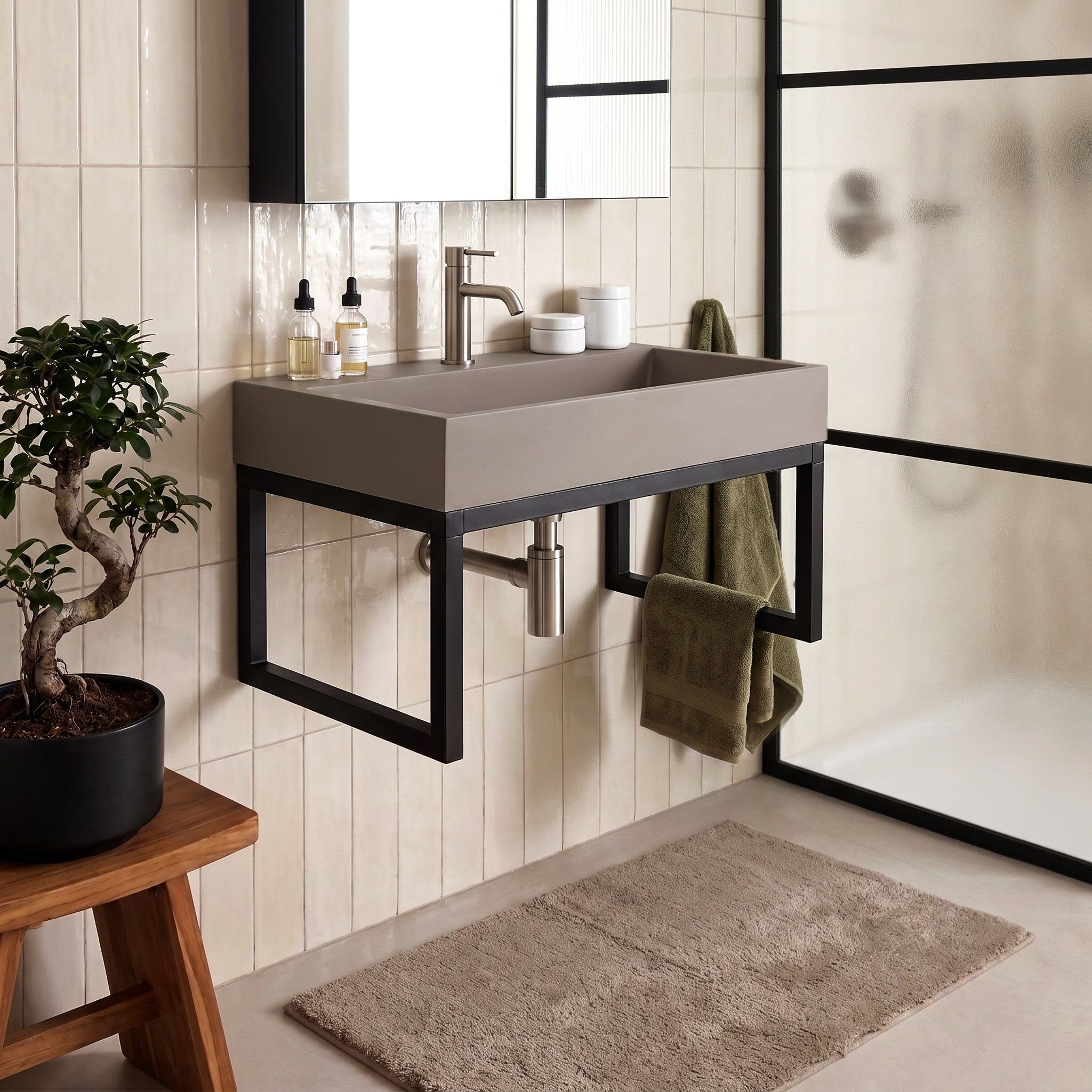 Konglomerato Praustuvas Rea Goya Taupe 60cm + Stovas aprašymas - Prekės nuotrauka