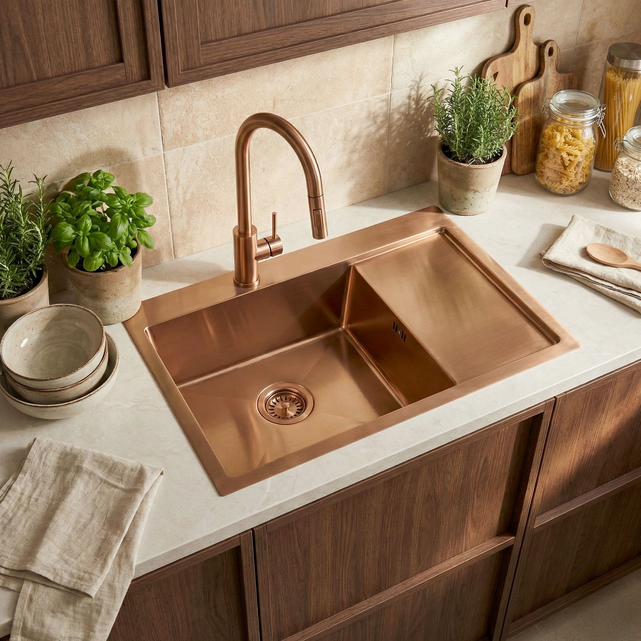 Plieninė kriauklė Fin BRUSH COPPER aprašymas - Prekės nuotrauka