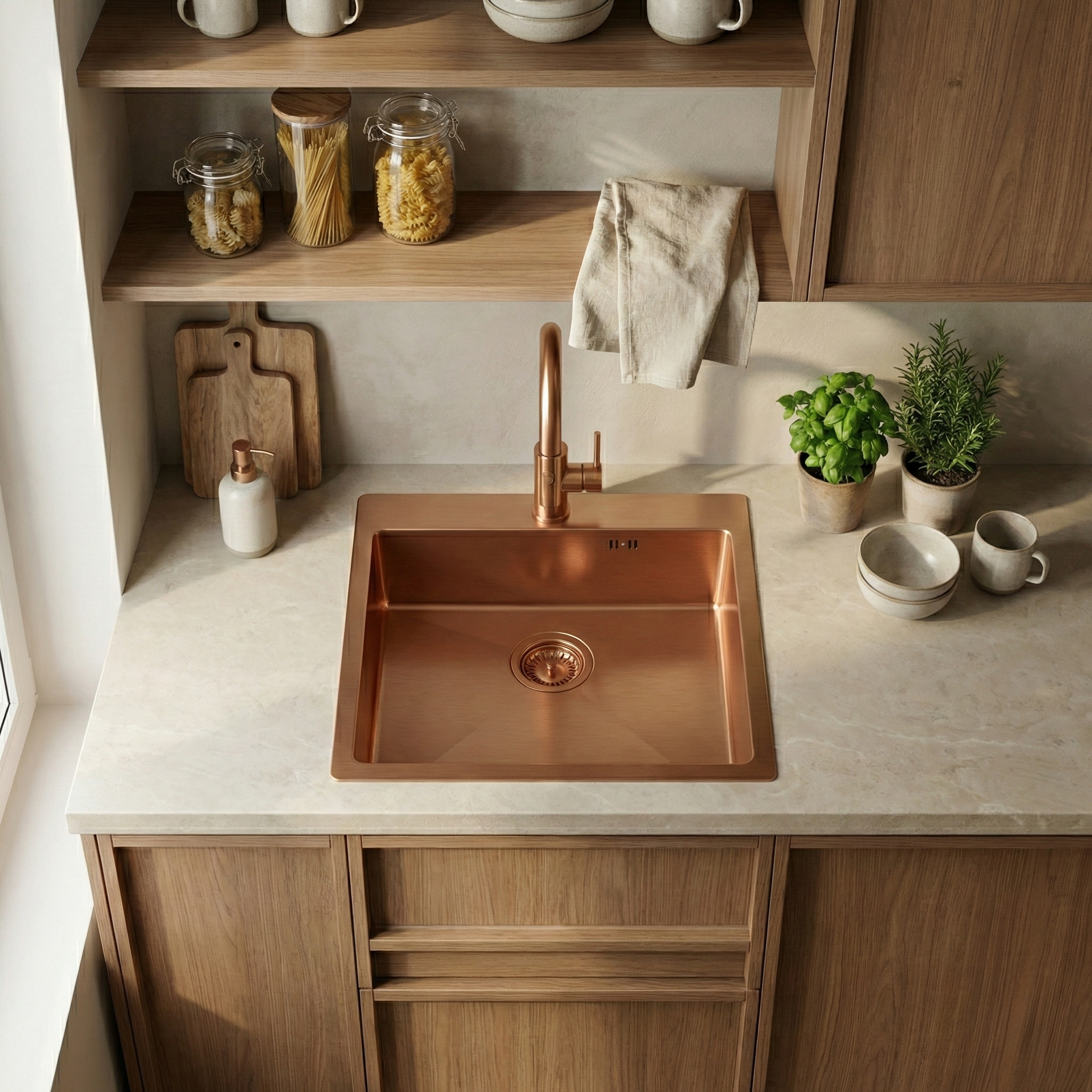 Plieninė kriauklė Leo 50 BRUSH COPPER aprašymas - Prekės nuotrauka