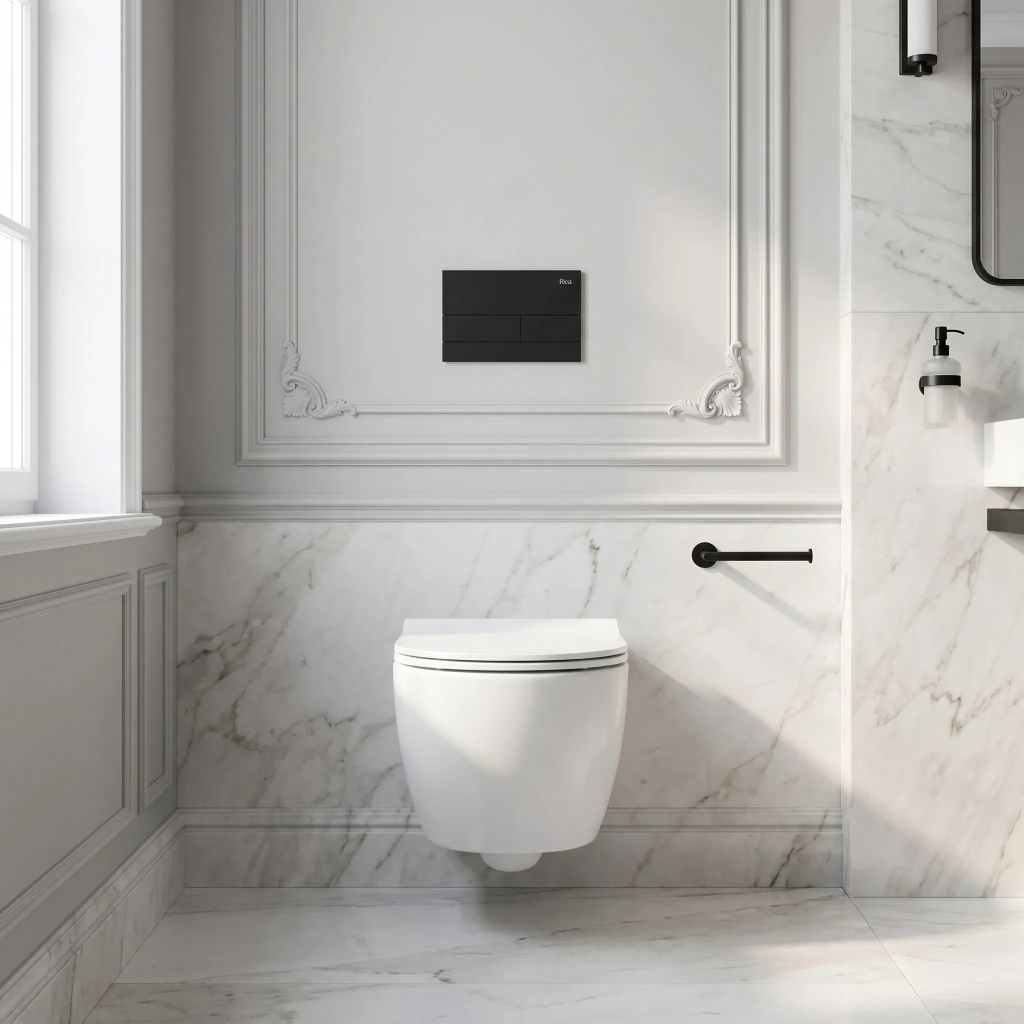 rea Potinkinis WC Rėmo Komplektas Slim 024N su T Juodas Matt Mygtuku aprašymas - Prekės nuotrauka