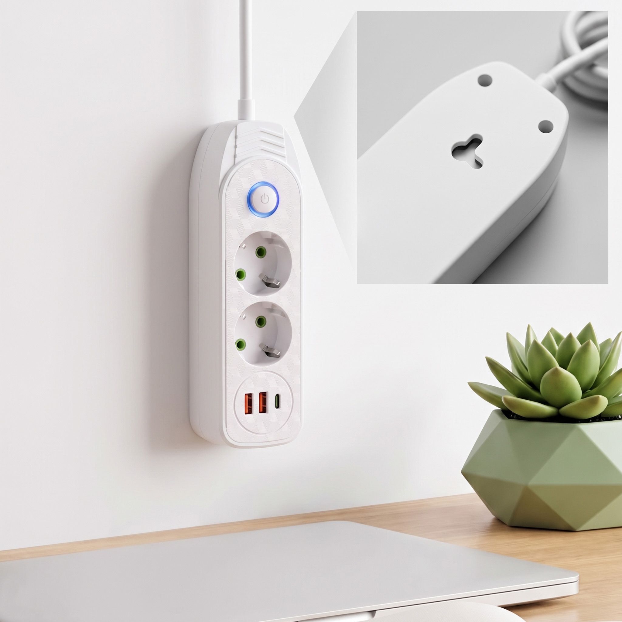 Toolight Prailgintuvas Maitinimo Blokas 2 Lizdai + 2x Usb-a + Usb-c Jnh024-3b Baltas aprašymas - Prekės nuotrauka