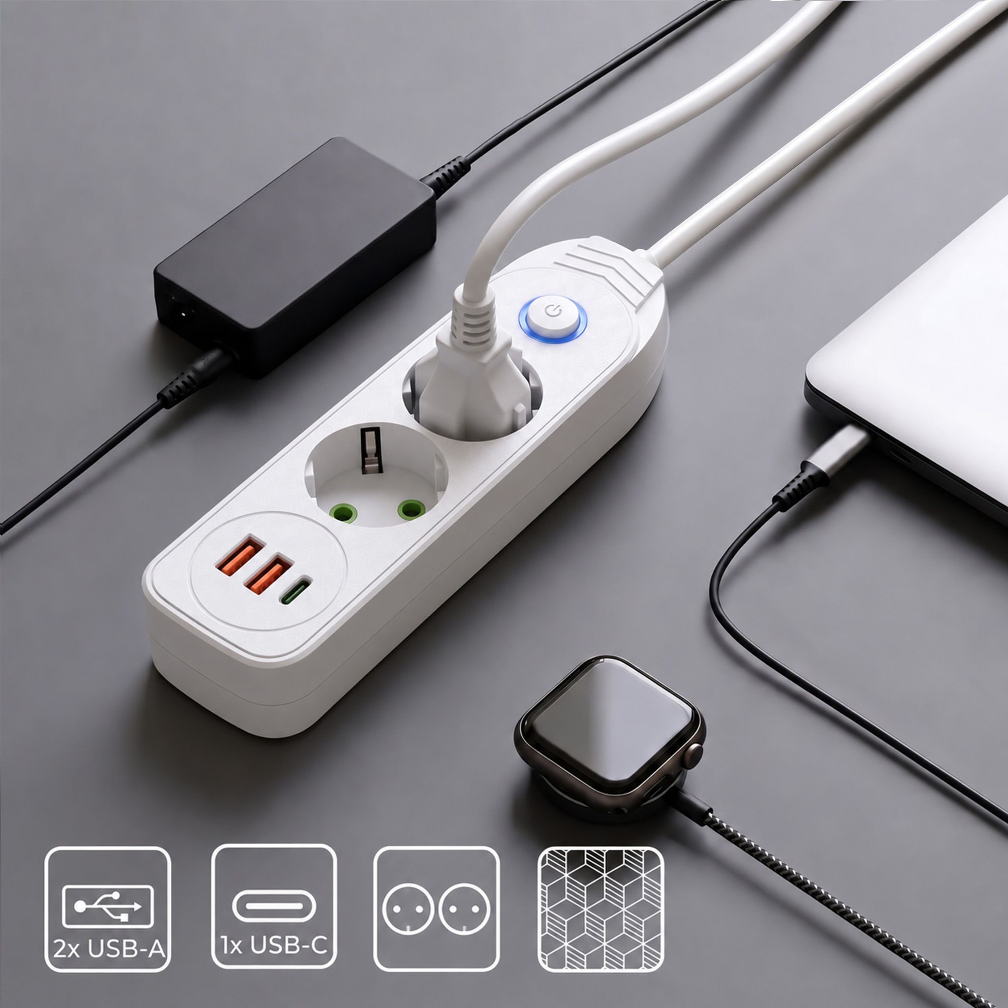 Toolight Prailgintuvas Maitinimo Blokas 2 Lizdai + 2x Usb-a + Usb-c Jnh024-3b Baltas aprašymas - Prekės nuotrauka