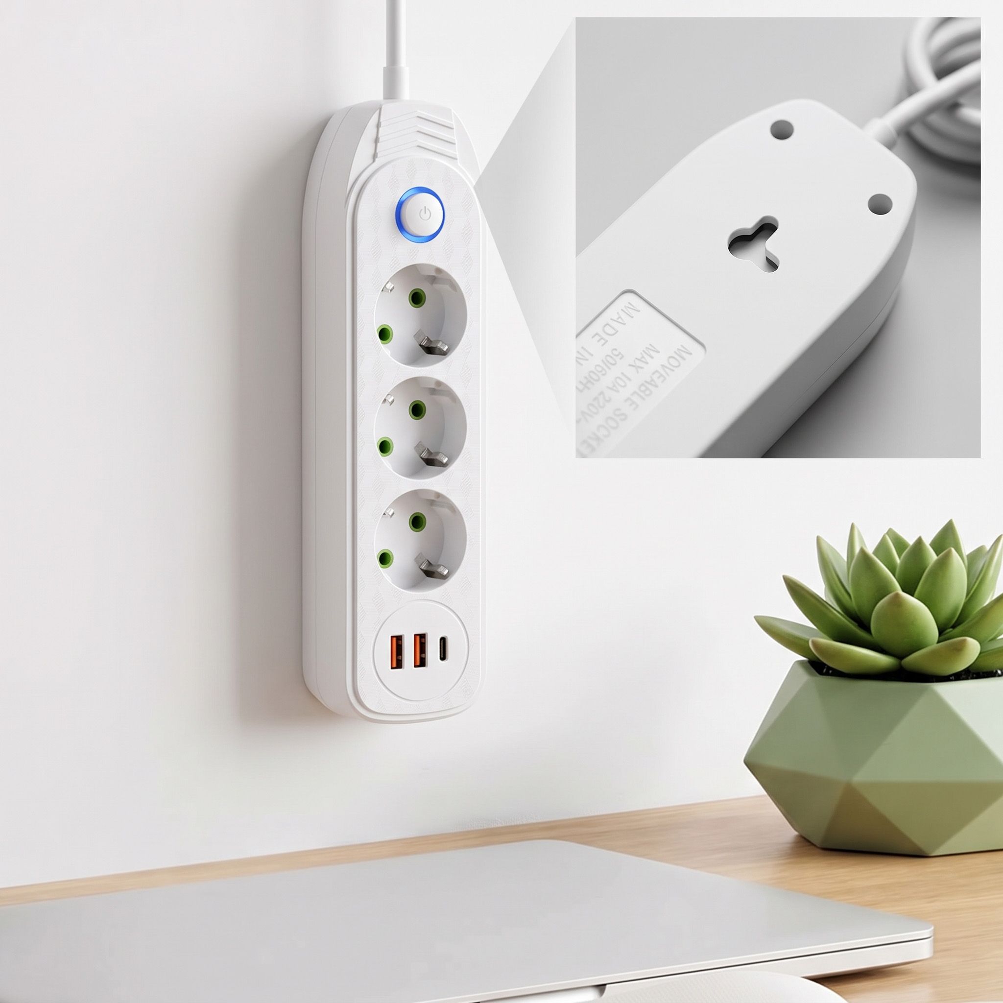 Toolight Prailgintuvas Maitinimo Blokas 3 Lizdai + 2x Usb-a + Usb-c Jnh024-3b Baltas aprašymas - Prekės nuotrauka