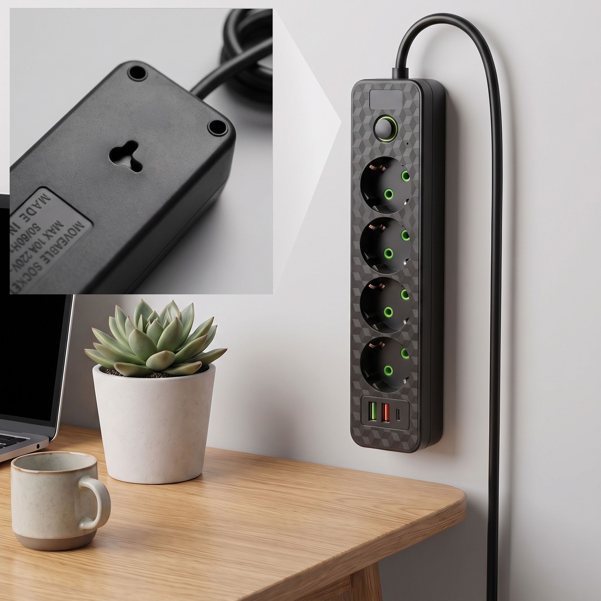 Toolight Prailgintuvas Maitinimo Blokas 4 Lizdai + 2x Usb-a + Usb-c Jnh021-4a Juodas aprašymas - Prekės nuotrauka