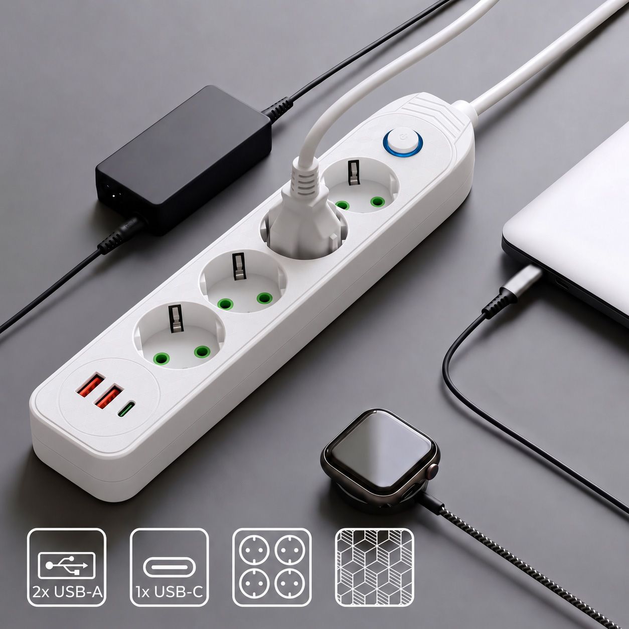 Toolight Prailgintuvas Maitinimo Blokas 4 Lizdai + 2x Usb-a + Usb-c Jnh025-4b Baltas aprašymas - Prekės nuotrauka