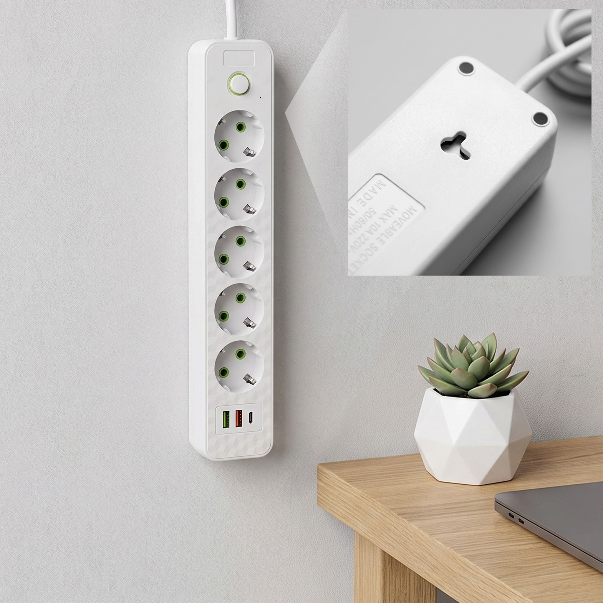 Toolight Prailgintuvas Maitinimo Blokas 5 Lizdai + 2x Usb-a + Usb-c Jnh022-5a Baltas aprašymas - Prekės nuotrauka