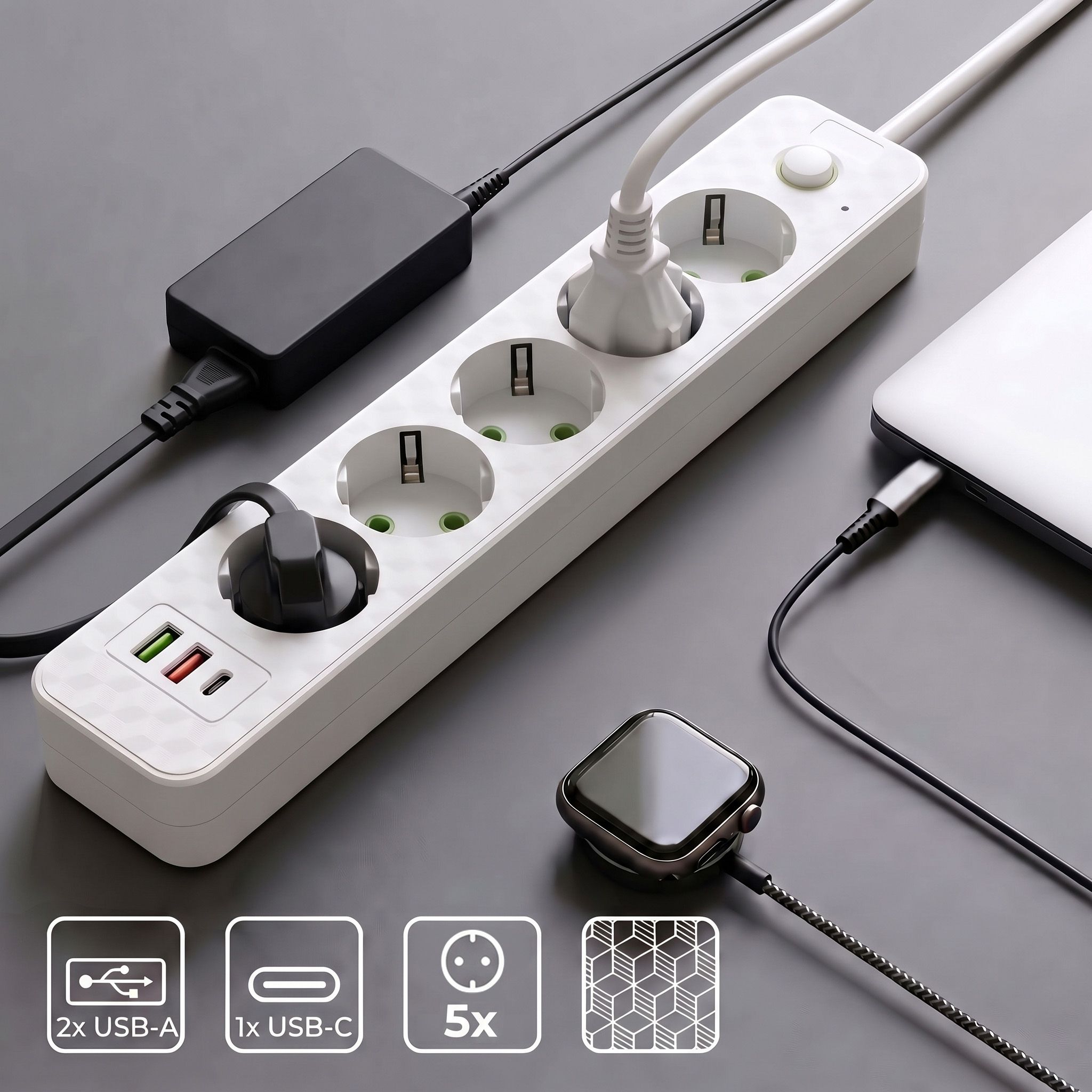 Toolight Prailgintuvas Maitinimo Blokas 5 Lizdai + 2x Usb-a + Usb-c Jnh022-5a Baltas aprašymas - Prekės nuotrauka