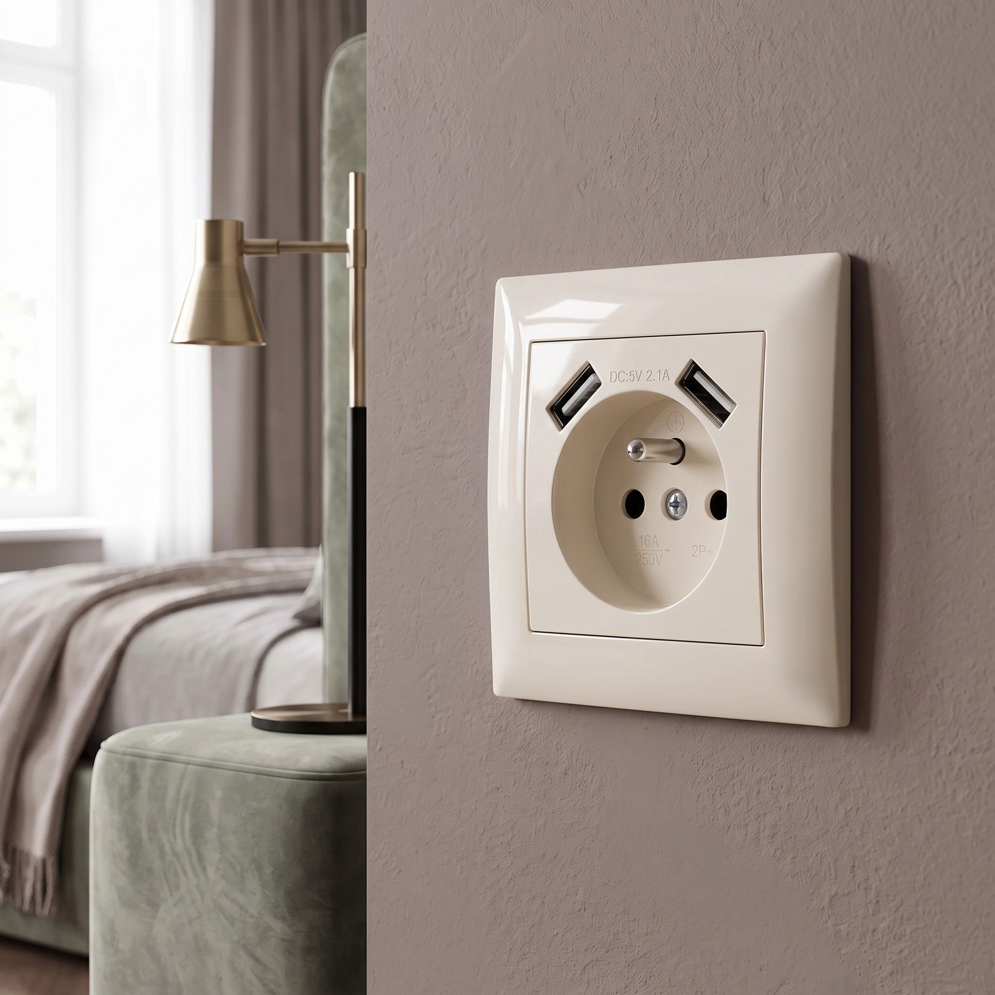 Toolight Viengubas Lizdas Su Įžeminimu + 2x Usb-a Oste Jnh003-g rusvai gelsvas aprašymas - Prekės nuotrauka