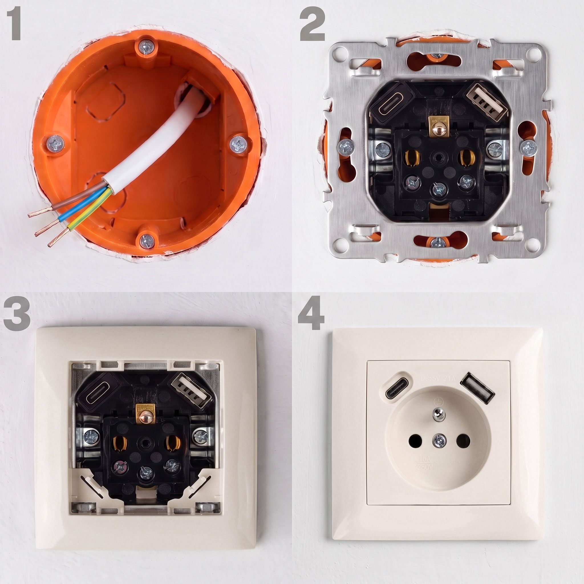Toolight Viengubas Lizdas Su Įžeminimu + Usb-a Usb-c Oste Jnh004-g rusvai gelsvas aprašymas - Prekės nuotrauka