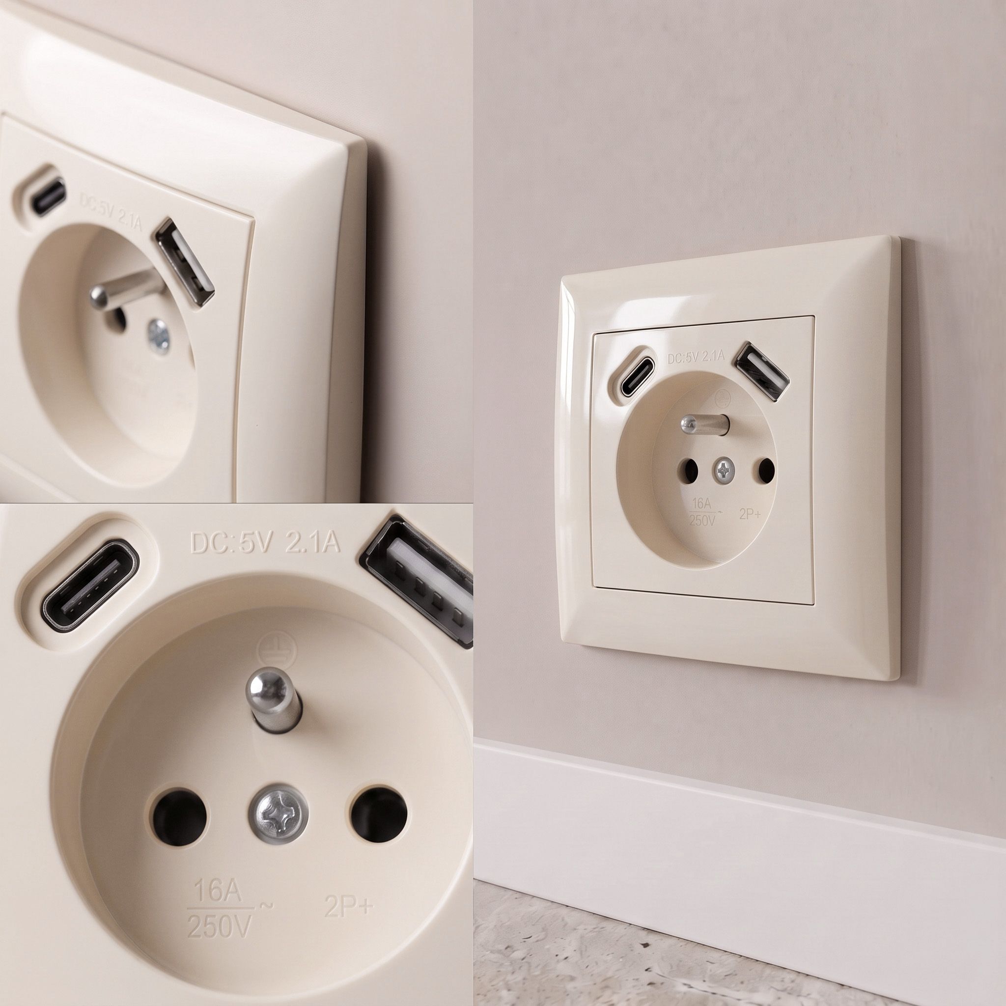 Toolight Viengubas Lizdas Su Įžeminimu + Usb-a Usb-c Oste Jnh004-g rusvai gelsvas aprašymas - Prekės nuotrauka