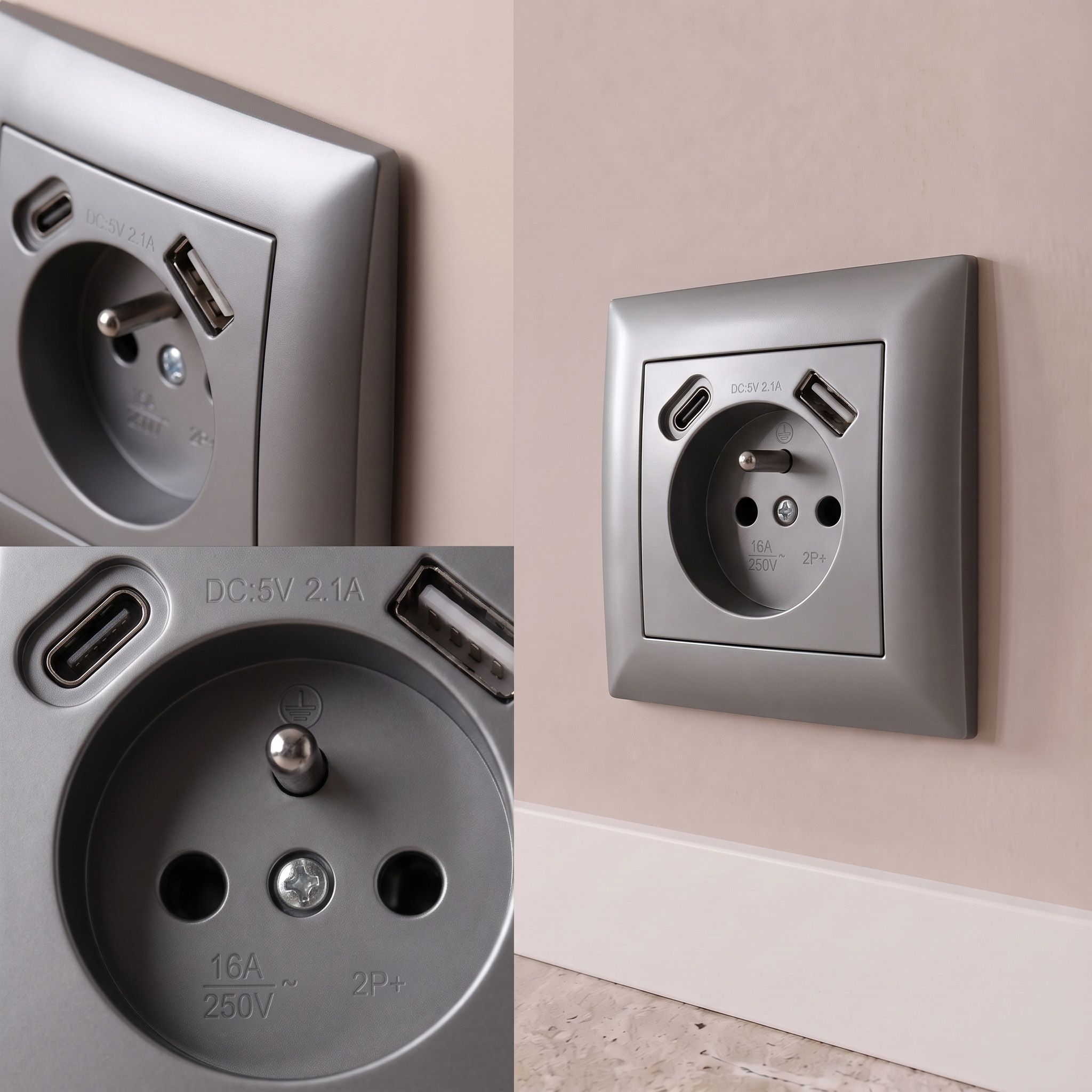 Toolight Viengubas Lizdas Su Įžeminimu + Usb-a Usb-c Oste Jnh004-g Pilkas aprašymas - Prekės nuotrauka
