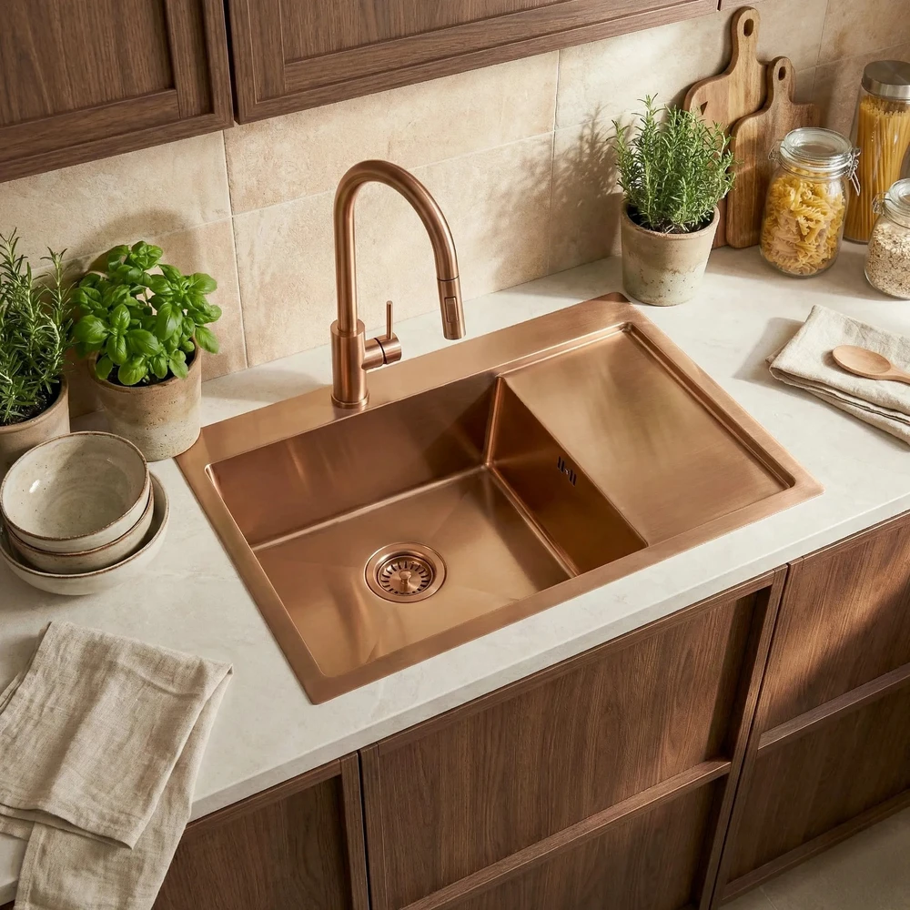 rea Plieninė kriauklė Fin BRUSH COPPER