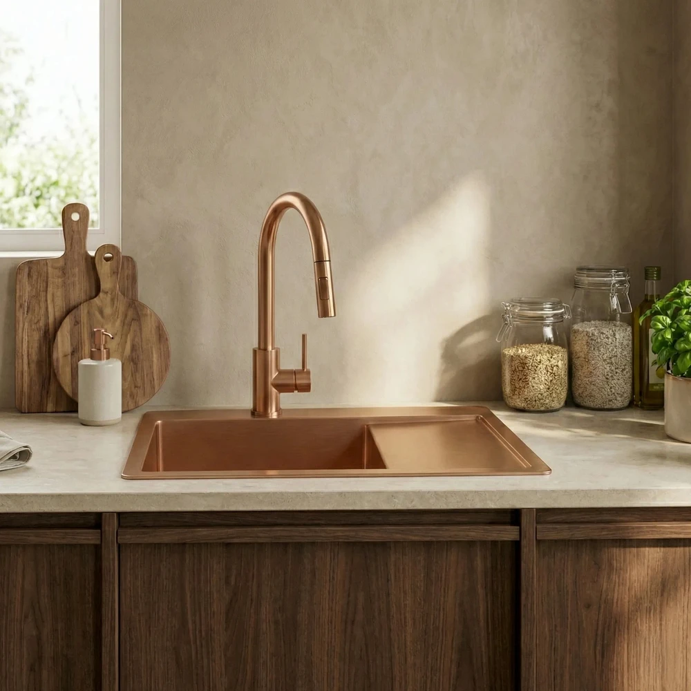rea Plieninė kriauklė Fin BRUSH COPPER