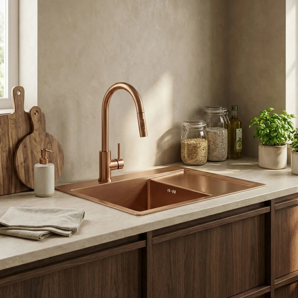 rea Plieninė kriauklė Fin BRUSH COPPER