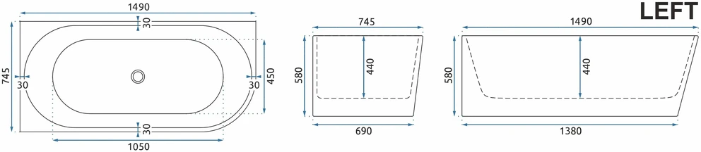 rea Akrilo Kampinė Vonia Sydney Bellanto Left 150cm Juodas kamštelio dangtelis