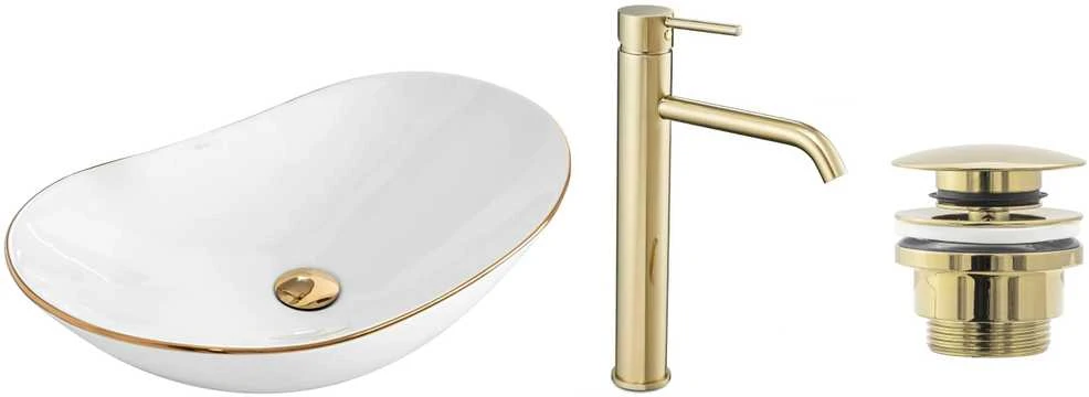 rea Komplektas Kriauklė stalviršio Royal auksas edge + Maišytuvas vonios kambario Lungo auksas + Kamštienos auksas