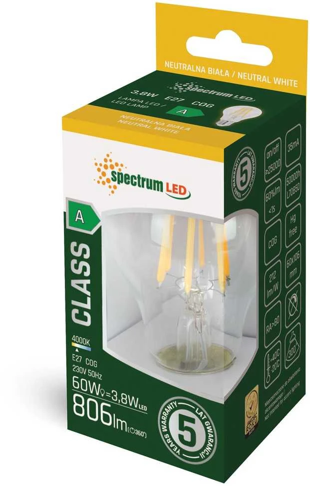 Spectrum LEMPUTĖ LED E27 A60 3.8W 806LM 4000K FL ULT