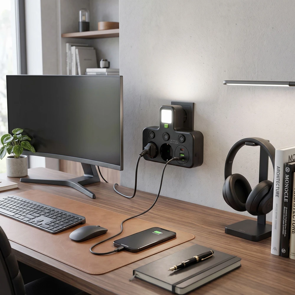 Toolight Maitinimo Lizdų Blokas 2 Lizdai + 2x Usb-a + Usb-c Jnh017 Juodas