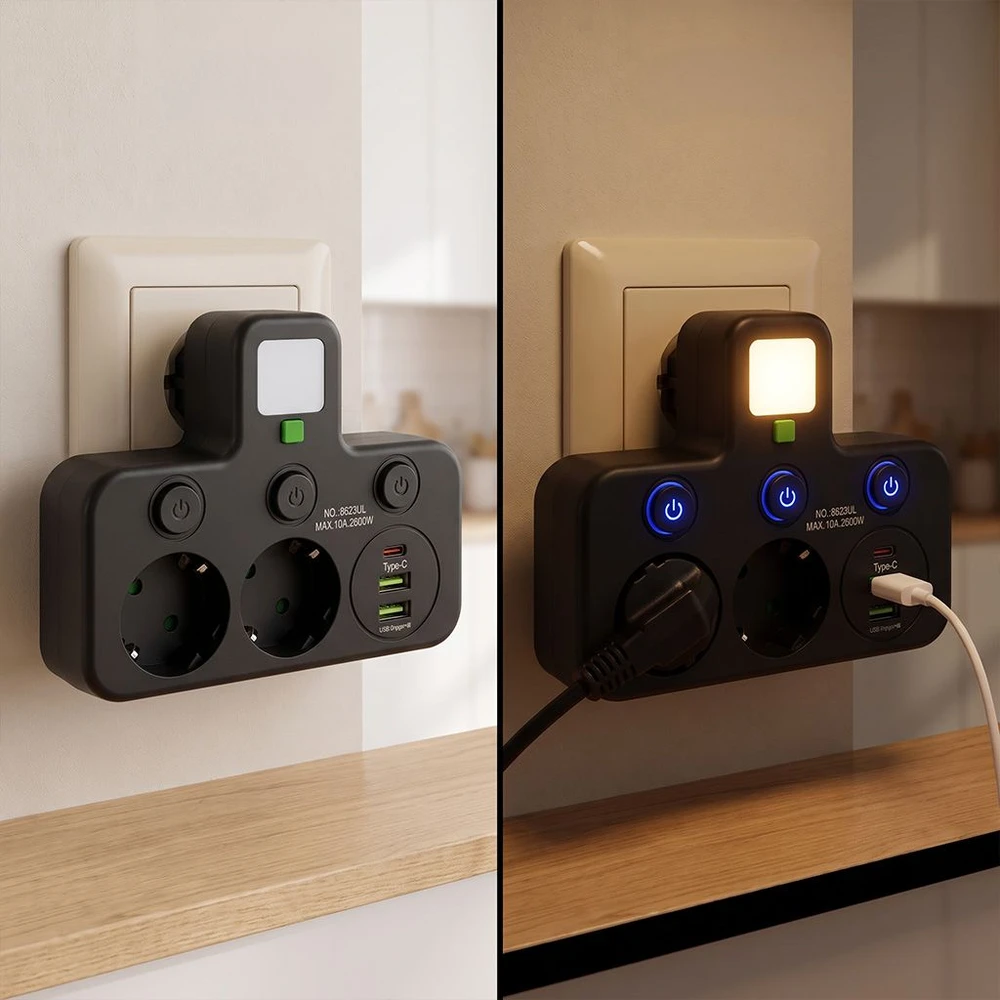Toolight Maitinimo Lizdų Blokas 2 Lizdai + 2x Usb-a + Usb-c Jnh017 Juodas