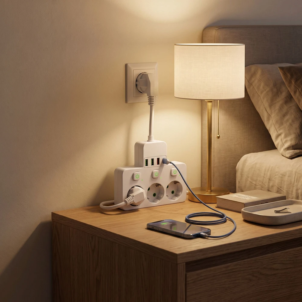 Toolight Maitinimo Lizdų Blokas 3 Lizdai + 3x Usb-a + Usb-c Jnh018 Baltas