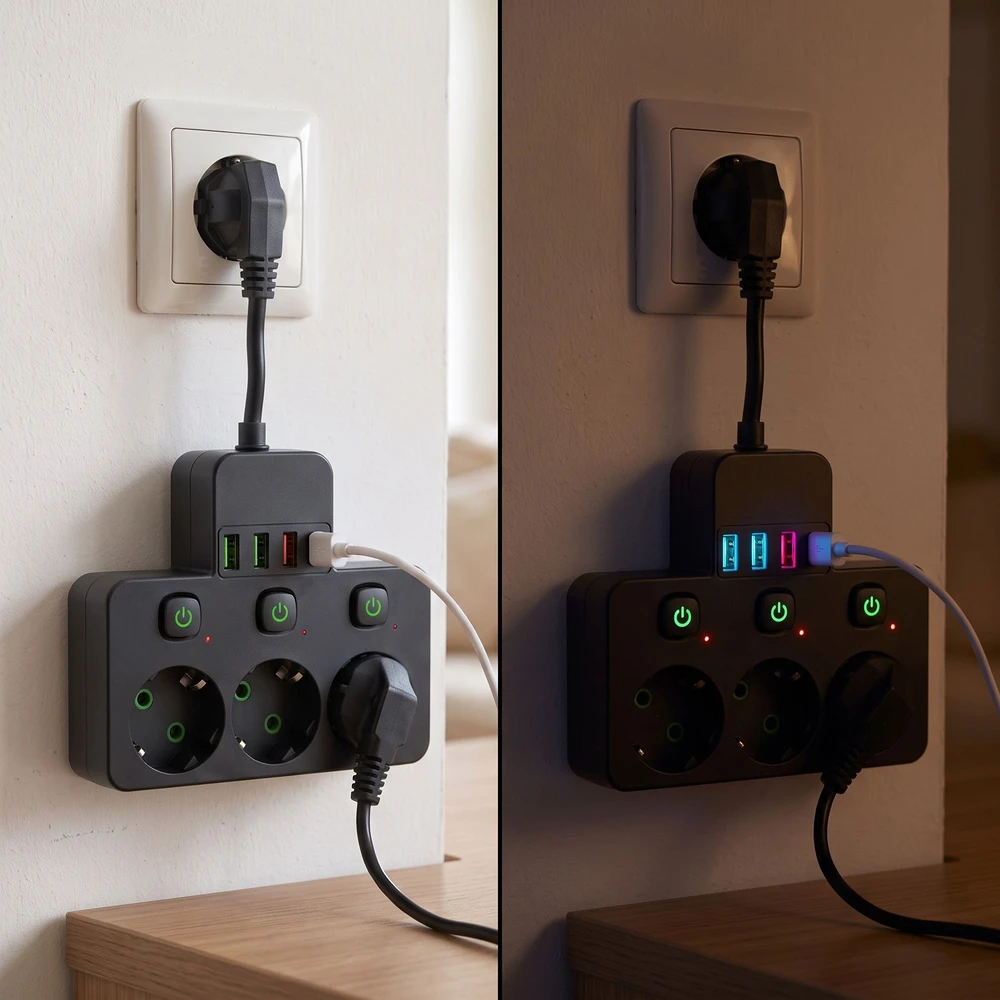 Toolight Maitinimo Lizdų Blokas 3 Lizdai + 3x Usb-a + Usb-c Jnh018 Juodas