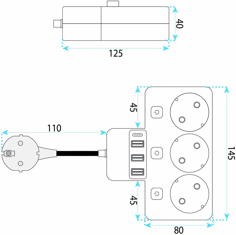 Toolight Maitinimo Lizdų Blokas 3 Lizdai + 3x Usb-a + Usb-c Jnh018 Juodas