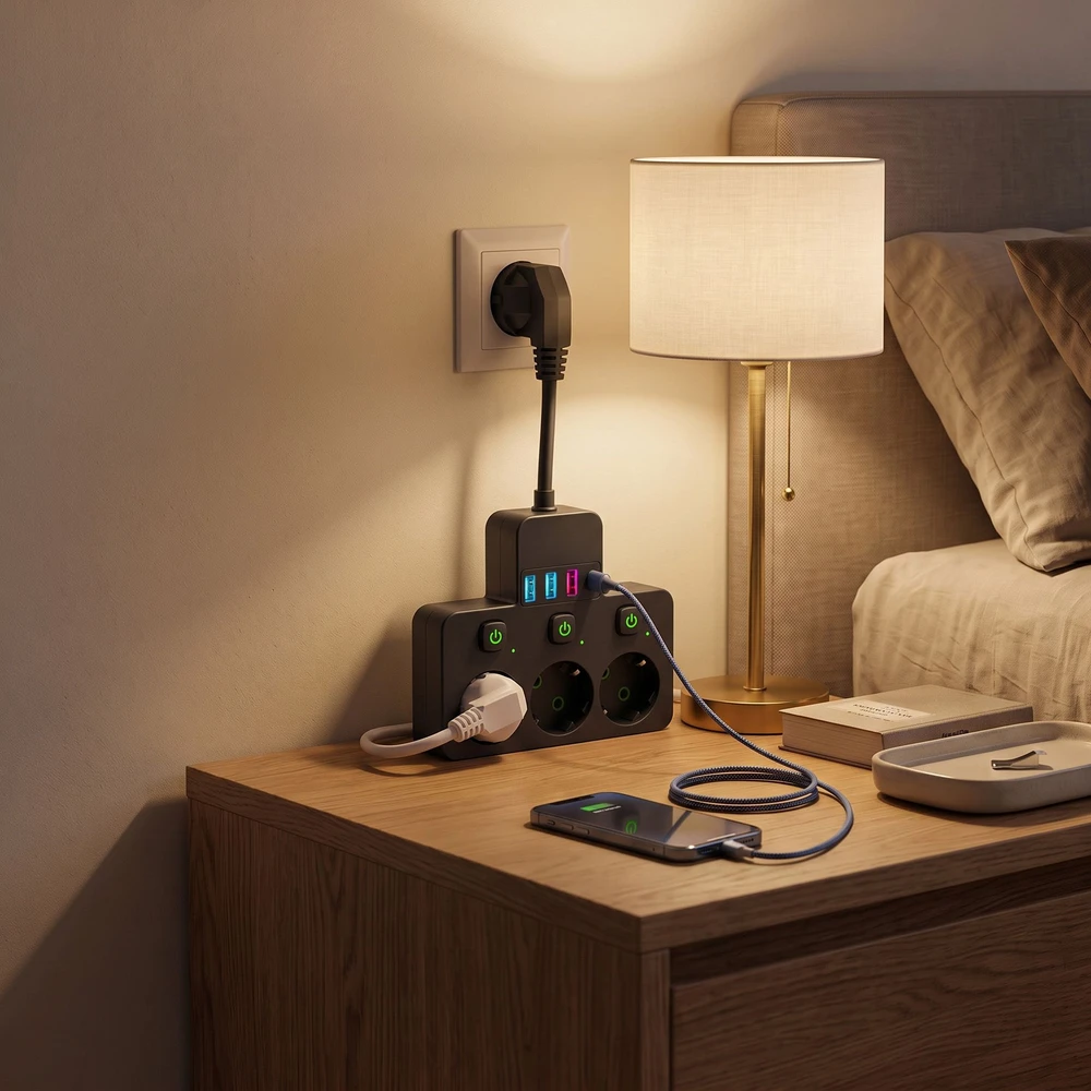 Toolight Maitinimo Lizdų Blokas 3 Lizdai + 3x Usb-a + Usb-c Jnh018 Juodas