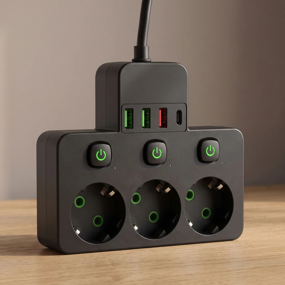 Toolight Maitinimo Lizdų Blokas 3 Lizdai + 3x Usb-a + Usb-c Jnh018 Juodas