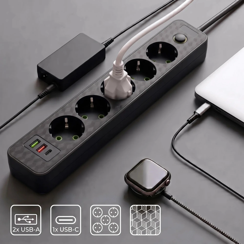Toolight Prailgintuvas Maitinimo Blokas 5 Lizdai + 2x Usb-a + Usb-c Rea Jnh022-5a Juodas