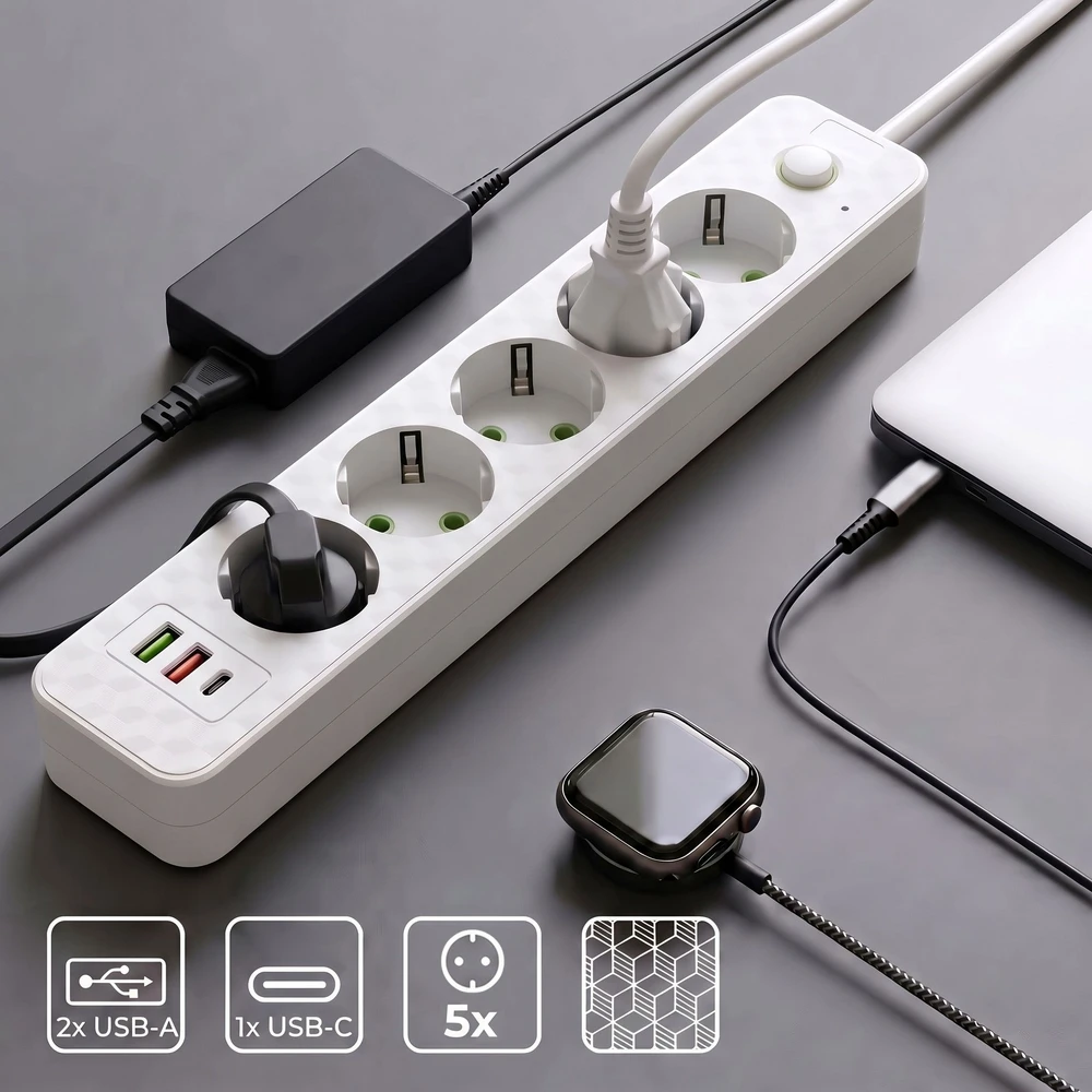 Toolight Prailgintuvas Maitinimo Blokas 5 Lizdai + 2x Usb-a + Usb-c Jnh022-5a Baltas