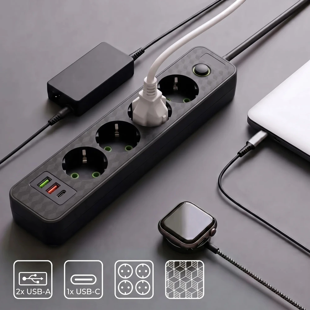 Toolight Prailgintuvas Maitinimo Blokas 4 Lizdai + 2x Usb-a + Usb-c Jnh021-4a Juodas