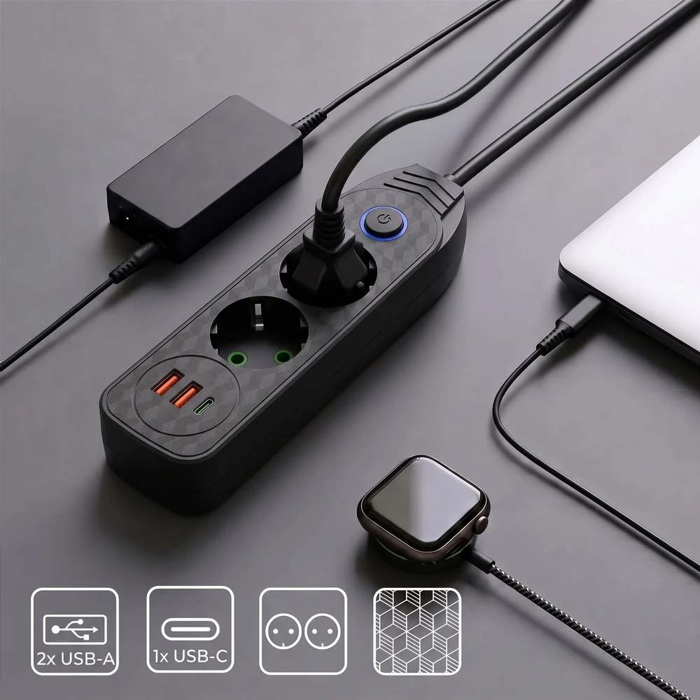 Toolight Prailgintuvas Maitinimo Blokas 2 Lizdai + 2x Usb-a + Usb-c Jnh023-2b Juodas