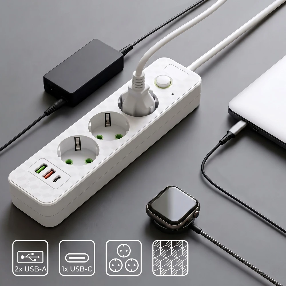 Toolight Prailgintuvas Maitinimo Blokas 3 Lizdai + 2x Usb-a + Usb-c Jnh020-3a Baltas