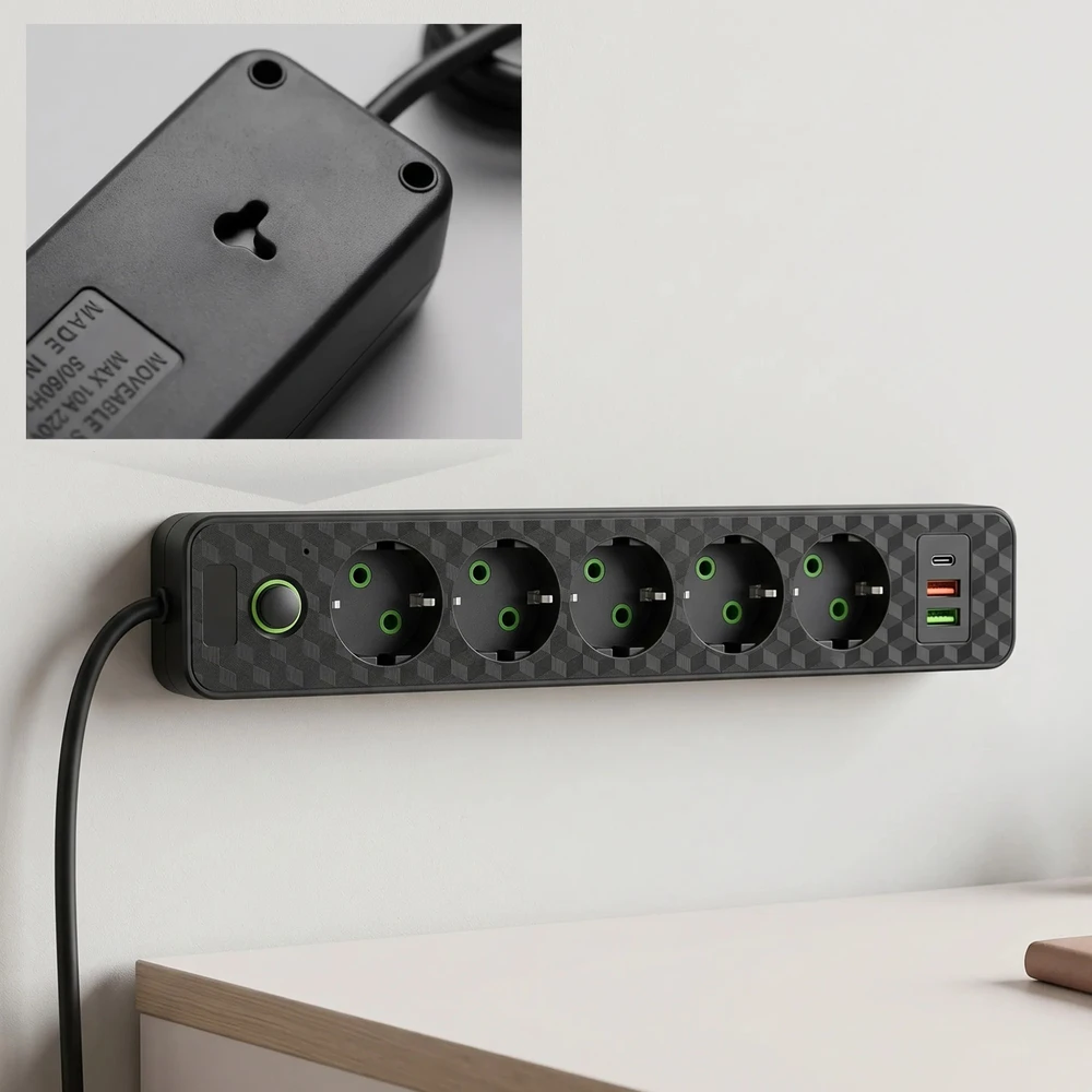 Toolight Prailgintuvas Maitinimo Blokas 5 Lizdai + 2x Usb-a + Usb-c Rea Jnh022-5a Juodas