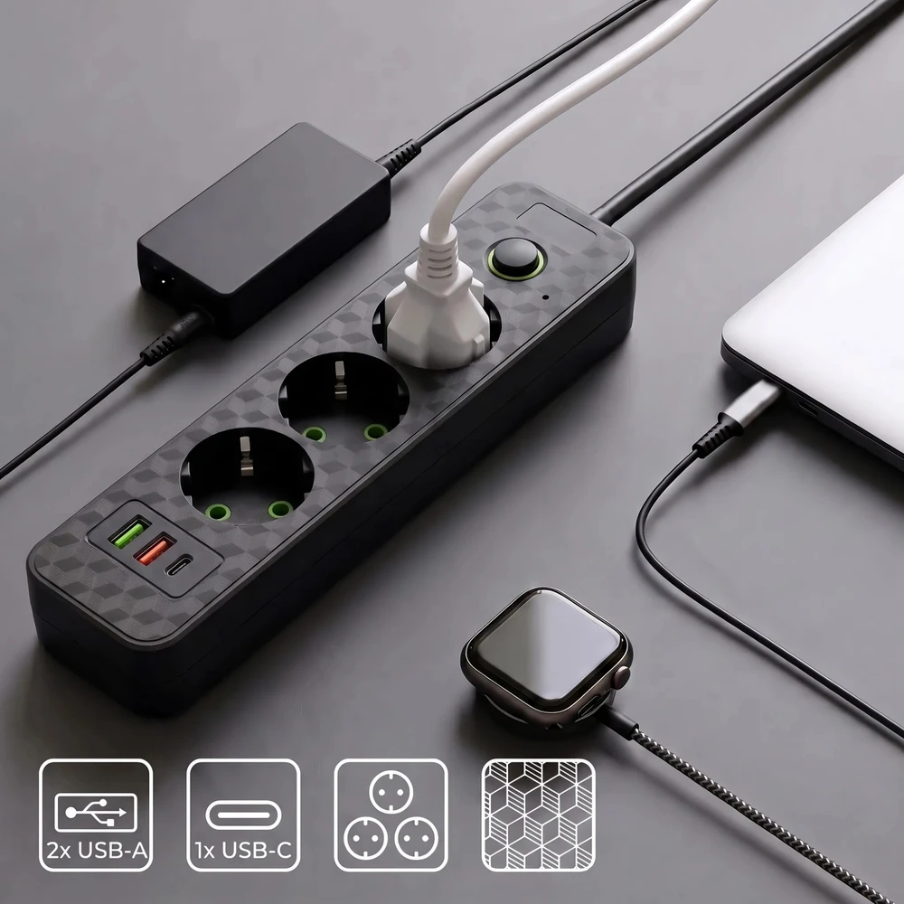 Toolight Prailgintuvas Maitinimo Blokas 3 Lizdai + 2x Usb-a + Usb-c Jnh020-3a Juodas