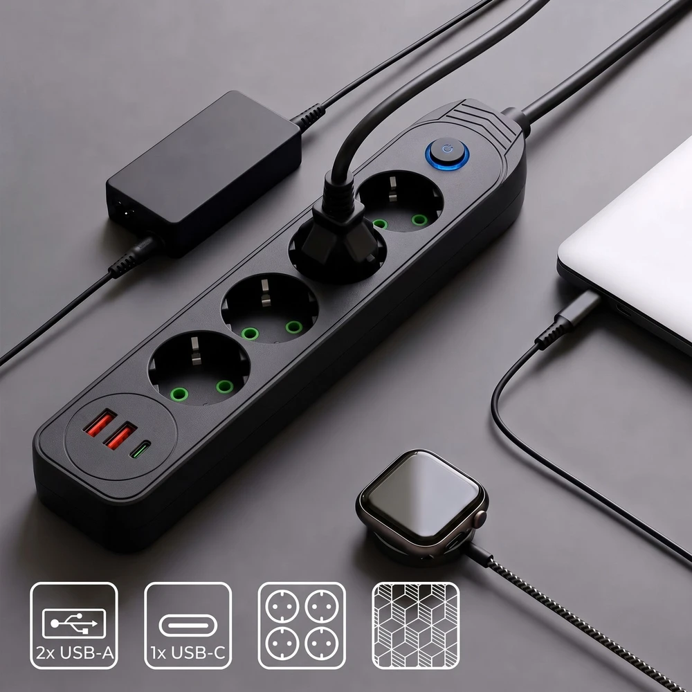 Toolight Prailgintuvas Maitinimo Blokas 4 Lizdai + 2x Usb-a + Usb-c Jnh025-4b Juodas