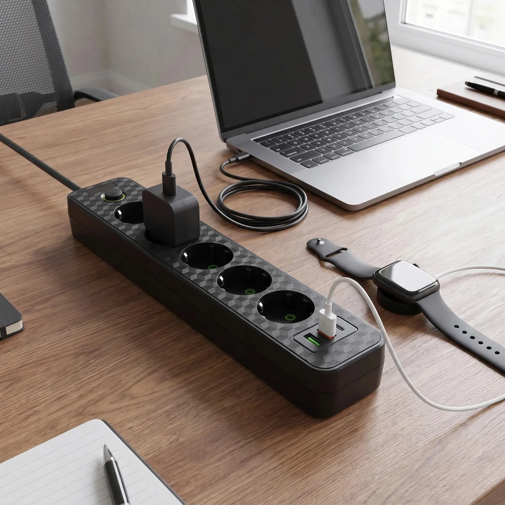 Toolight Prailgintuvas Maitinimo Blokas 5 Lizdai + 2x Usb-a + Usb-c Rea Jnh022-5a Juodas