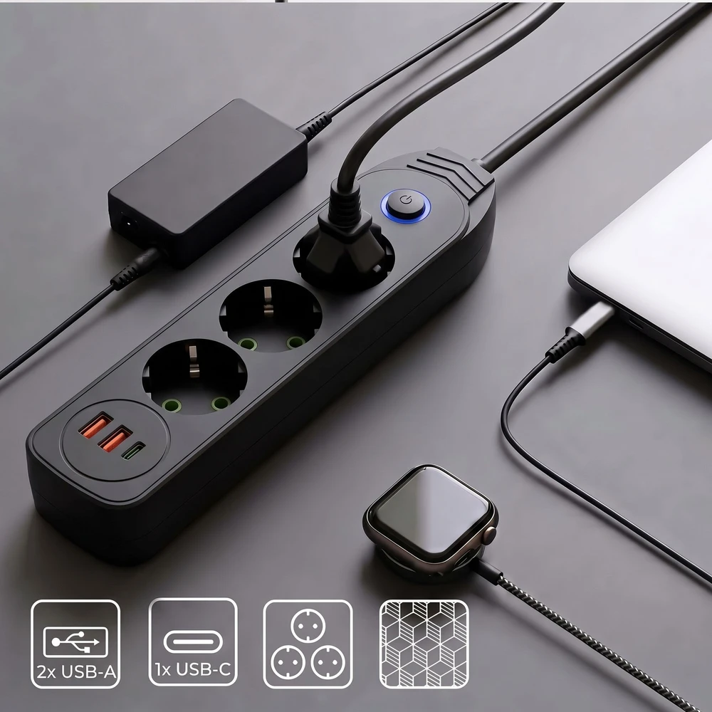Toolight Prailgintuvas Maitinimo Blokas 3 Lizdai + 2x Usb-a + Usb-c Jnh024-3b Juodas