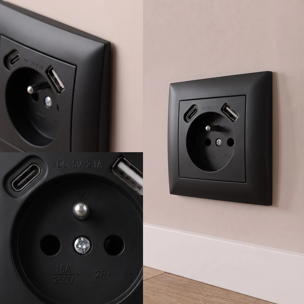 Toolight Viengubas Lizdas Su Įžeminimu + Usb-a Usb-c Oste Jnh004-g Juodas