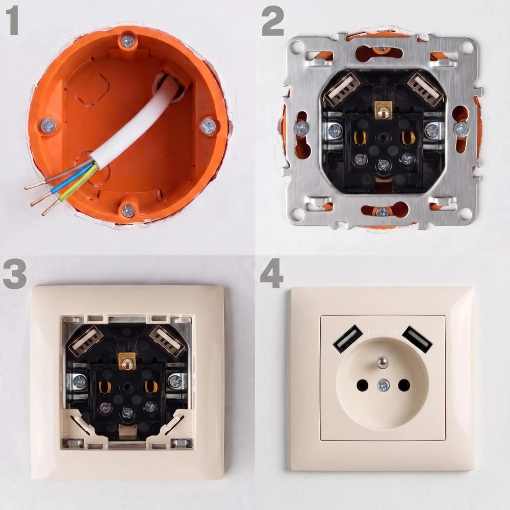 Toolight Viengubas Lizdas Su Įžeminimu + 2x Usb-a Oste Jnh003-g rusvai gelsvas
