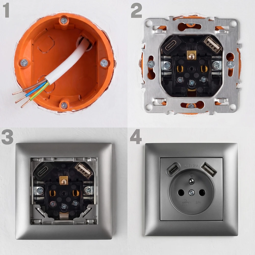 Toolight Viengubas Lizdas Su Įžeminimu + Usb-a Usb-c Oste Jnh004-g Pilkas