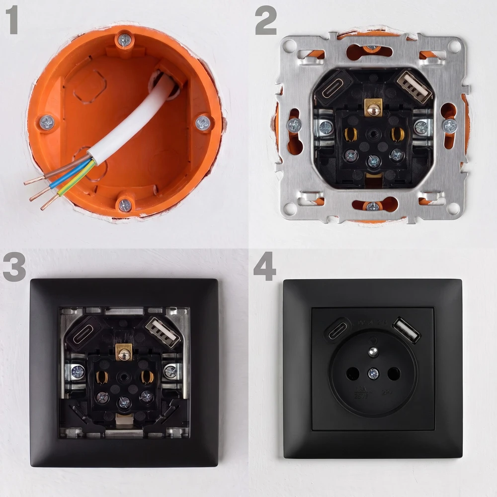 Toolight Viengubas Lizdas Su Įžeminimu + Usb-a Usb-c Oste Jnh004-g Juodas