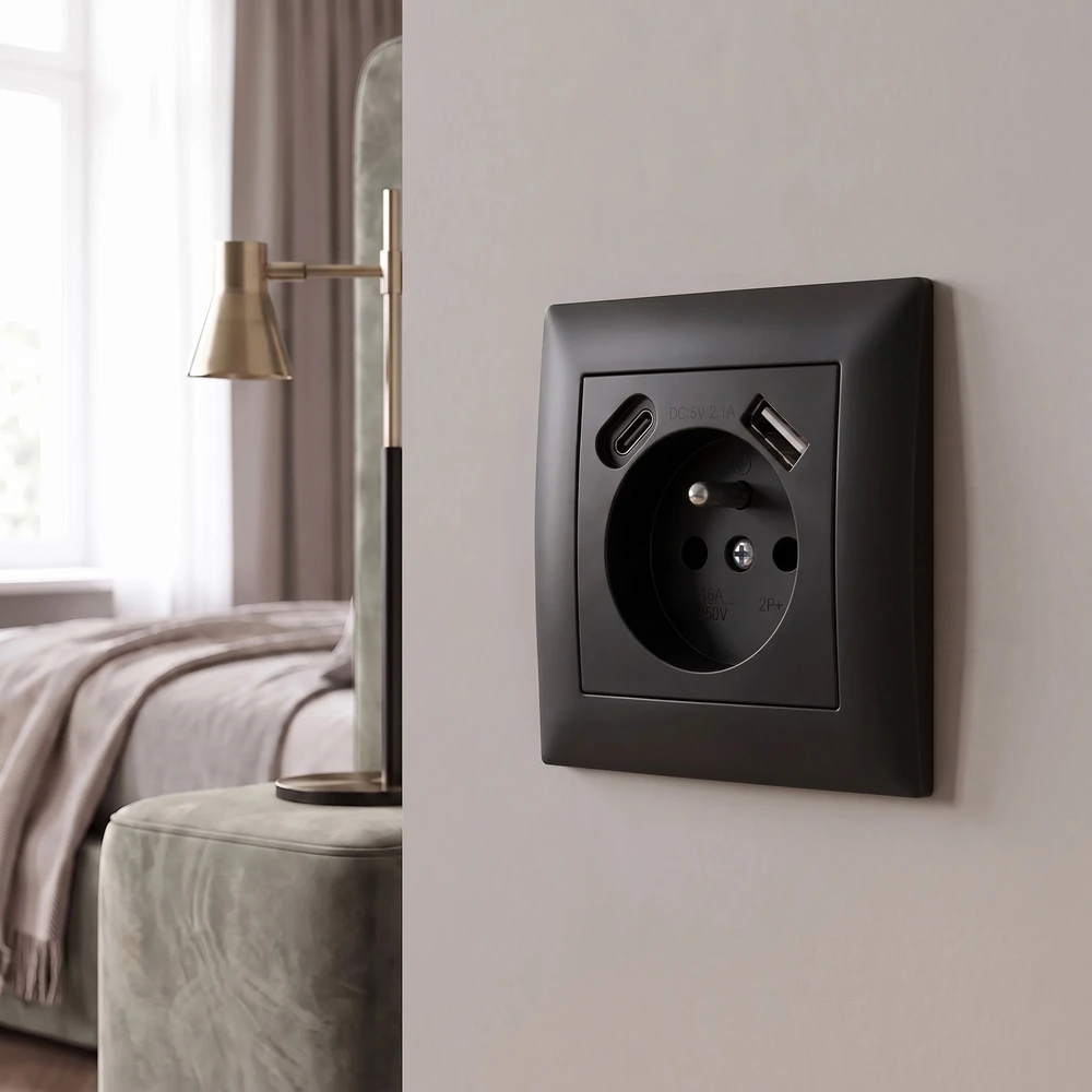 Toolight Viengubas Lizdas Su Įžeminimu + Usb-a Usb-c Oste Jnh004-g Juodas